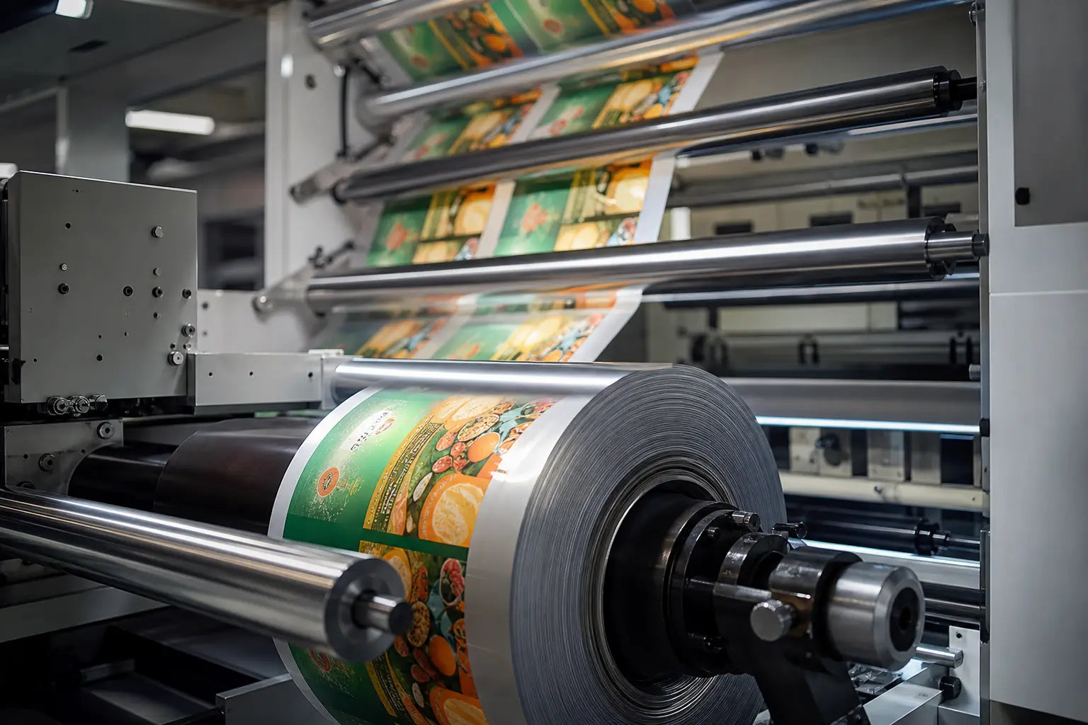 Flexible packaging printing machine with printed roll film and industrial lighting